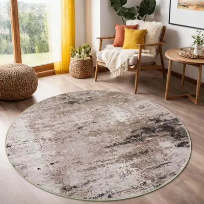 Productafbeelding van Rond wasbaar tapijt 120 cm, beige, voor woonkamer, antislip kortpolig tapijt