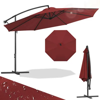Image de Parasol Izrielar 3,5 m rouge Parasol de jardin avec manivelle, protection solaire UV 50+, inclinable et stable, pied en croix inclus, hydrofuge pour terrasse et jardin