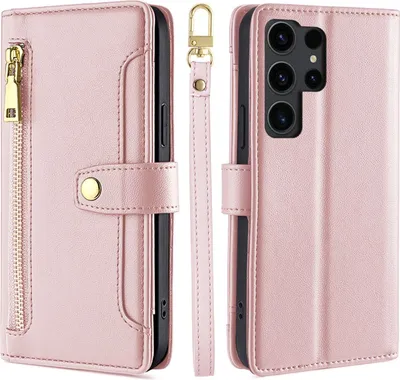 Produktbild von Handykette Samsung Hülle mit Band Handyhülle Kartenfächer Kunstleder Umhängetasche Galaxy S23 Ultra Rosa