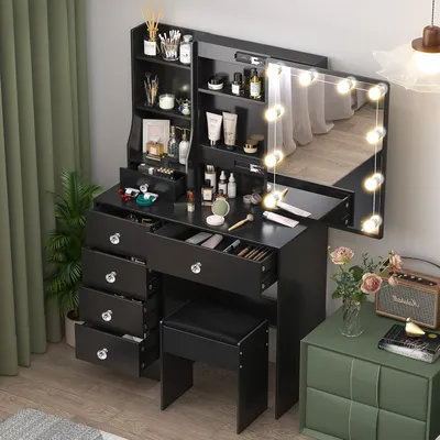 Productafbeelding van Make-uptafel met verlichting, schuifspiegel, 6 lades, 6 planken, krukje, zwart, 36x80x131 cm