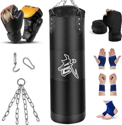 Produktbild von Schwerer Boxsack für Erwachsene und Jugendliche, ungefüllt, Set mit Boxhandschuhen und Zubehör, 120 cm, Schwarz