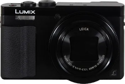 A black Panasonic Lumix digital camera is shown from the front against a white background.