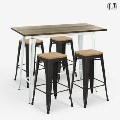 Produktbild von set tisch 120x60 weiß 4 vintage hockern bar swanton - Natur