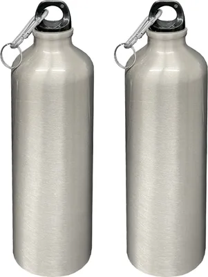 Produktbild von 2er Set Aluminium Trinkflasche Silber 750ml mit Karabiner Alu Wasserflasche Sportflasche Fahrradflasche Aluflasche