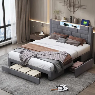 Image de INONEFT, lit capitonné 140x200 cm, lit double avec ports USB et type-C, lit pour adolescents avec 3 tiroirs et revêtement en similicuir, lit multifonctionnel, lit avec rangement, en velours, couleur gris
