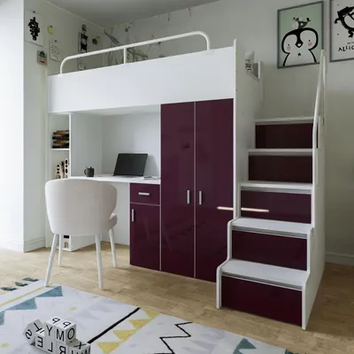 Produktbild von Marlux-Meble Hochbett JSM-4 90x200 mit Kleiderschrank Schreibtisch und Treppe Hochglanz Kinderbetten Funktionsbett Etagenbett Stockbett Kinderhochbett Jugendhochbett (Violett Glanz)