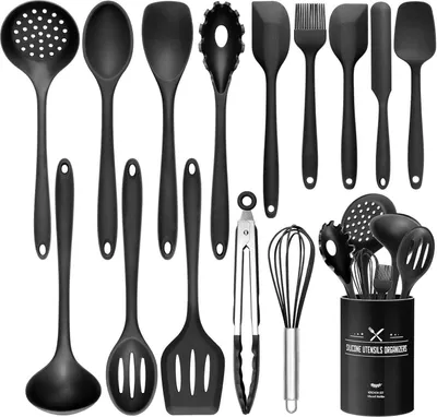 Image de set de 15 ustensiles de cuisine en silicone avec porte-ustensiles en noir