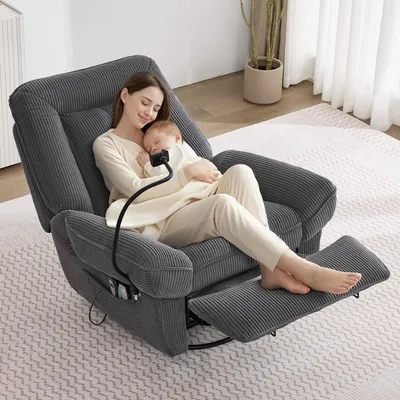 Productafbeelding van Flieks Elektrisch verstelbare tv-stoel, massagestoel met massage- en warmtefunctie, 360° draaibare stoel, schommelstoel voor de woonkamer, grijs