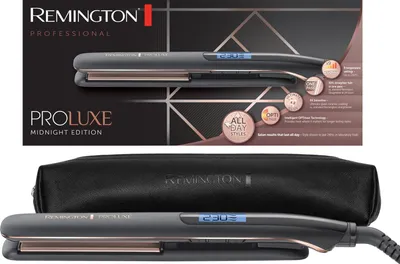 A Remington PROluxe Midnight Edition hair straightener and its storage pouch are displayed against a dark, patterned background.