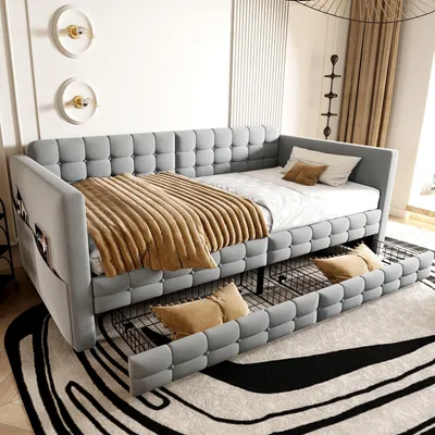 Produktbild von STILVORA Polsterbett 90x190cm mit Karomuster und Stauraum, Schlafsofa mit seitlichen Fächern und 2 Schubladen, Einzelbett aus Samtstoff, Hellgrau