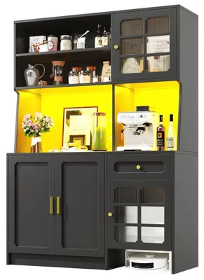 Immagine prodotto di Mobiletto da cucina/credenza con ante in vetro e illuminazione a LED, dimensioni 130x45x180 cm, colore nero