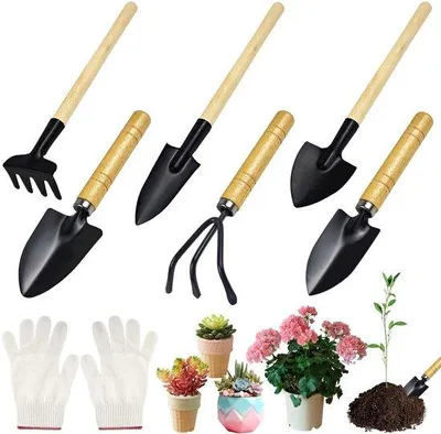 Immagine prodotto di Set da giardino piccolo da 6 pezzi, con manico in legno, per bonsai e piante