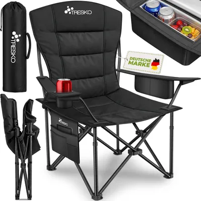 Produktbild von TRESKO® Campingstuhl Faltbar bis 200kg | Faltstuhl mit Kühltasche, Getränkehalter & Seitentasche | Klappstuhl XXL inkl. Tragetasche | Angelstuhl gepolstert für Outdoor, Angeln, Festival & Garten