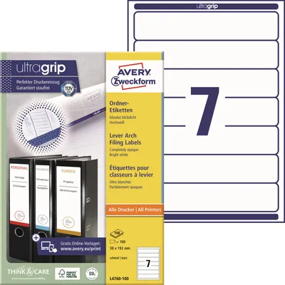 Produktbild von Avery Zweckform L4760-100 Ordner-Etiketten, 192 x 38 mm, 100 Blatt/700 Etiketten, weiß