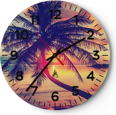 Produktbild von Wanduhr - Rund - Glasuhr - Meer Strand Palme - 30x30cm - Schleichendes Uhrwerk - Lautlos - zum Aufhängen bereit - Dekoration Modern - Wanddekoration aus Glas - C4AR30x30-3925