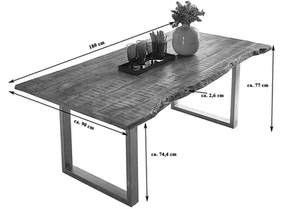 Produktbild von Esstisch Baumkante Massiv Mango naturfarben 180 x 90 schwarz U-Gestell NORINA