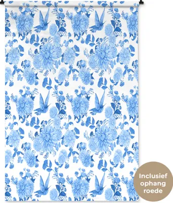 Produktbild von MuchoWow® Wandteppich Wandbehang Blumen - Muster - Blau 120x180 cm Tapisserie Dekoration Wandtuch - Schlafzimmer - Dekorationen für das Haus