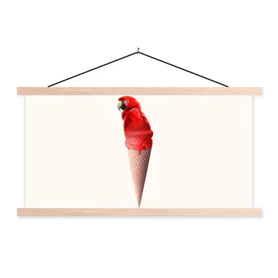Produktbild von MuchoWow® Textilposter Eiscreme - Papagei - Rot - Eistüten - Weiß 120x60 cm mit holzfarbenen Rahmen - Klemmleiste