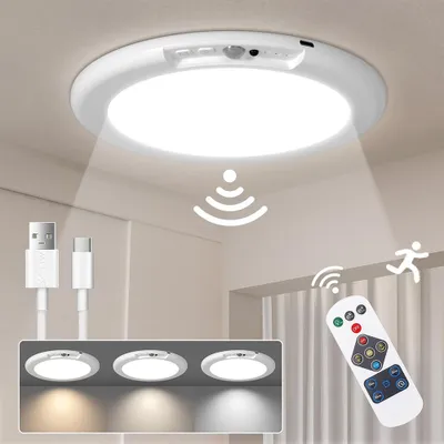 Produktbild von Deckenlampe mit Bewegungsmelder Innen Dimmbar Flach Lampen Aufladbar Batterie LED Deckenleuchte mit Fernbedienung und Timer für Flur Garage Trepp