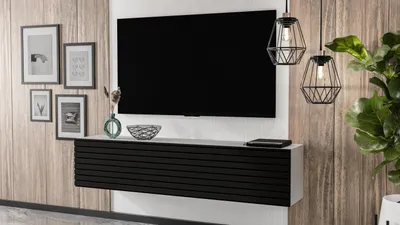 Produktbild von AX LIVING Lowboard Zivolli 160 Lamellenfront TV-Hängeschrank Weiß/Schwarze Lamellen