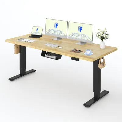 Productafbeelding van FLEXISPOT verstelbaar bureau, 180x80 cm, tafelblad van 25 mm rubberhout, 2 motoren, draagvermogen 120 kg, 4 geheugenstanden, zwart