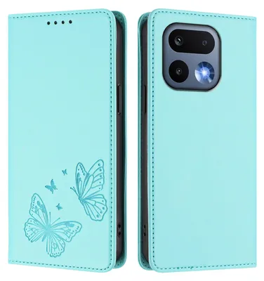 Image de Étui en cuir pour Realme 16 Pro, étui de protection type portefeuille en cuir gaufré motif papillon avec support, couleur turquoise