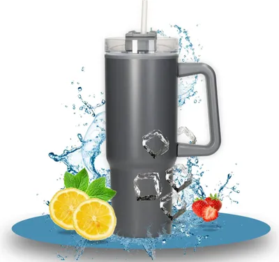 Produktbild von Vakuumbecher "Tampa" 800 ml - Edelstahl Thermobecher für Heiß-& Kaltgetränke - Trinkflasche inkl. Strohhalm und Griff - Thermosflasche eignet sich perfekt für unterwegs grau/creme