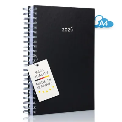 Produktbild von edition cumulus DIN A4 Kalender 2026 – BLACK – großer Tagesplaner, pro Tag 1 Seite, viel Platz für Termine – ideal für Büro & Zuhause – Germany