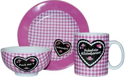 Produktbild von Lebkuchen Frühstücks Set Porzellan Tasse Teller Schale Pink Rosa Becher Schüssel