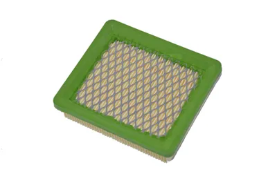 A square air filter with a green frame and a tan and gray mesh filter material, isolated on a white background.