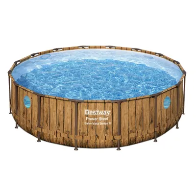 Produktbild von Bestway Round Power Steel Swim Vista Schwimmbad – Holzdruck – 488 x 122 – inklusive Pumpe – Leiter – Abdeckung Wartungspaket - Filter - Bodenfliesen