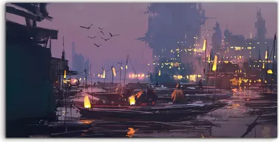 Produktbild von Coloray - Glasbild - 100x50 cm - Wandbild - Glasbilder - Boote im Hafen futuristischen Stadt