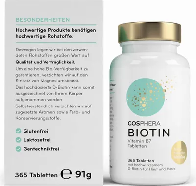 A product shot of a bottle of Cosphera Biotin tablets next to its packaging.