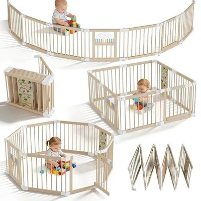 Produktbild von Laufstall Baby Holz mit 2 Spielcenter,Verstellbare Größe & Form Laufgitter mit doppelter Sicherung,Faltbar kinderlaufstall 8 Elemente Absperrgitter für Babys und Kleinkinder,ohne matratze