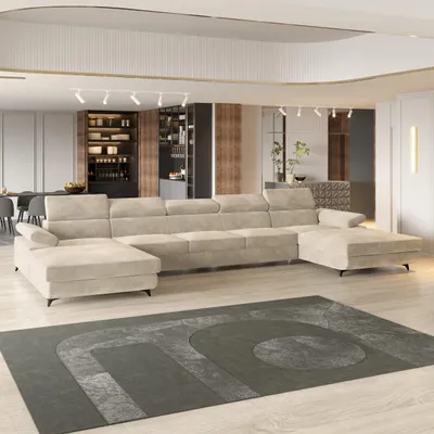 Produktbild von Masseno Ecksofa VIVENTE mit Schlaffunktion U-Form, Sofa mit Bettkasten, Wohnzimmersofa, Couch, Soffa, Bettsofa, Couchgarnitur- Creme, MONOLITH 04