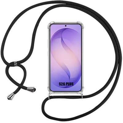 Image de Coque pour Samsung Galaxy S26 Plus, Protection Renforcée Transparente Anti-Rayure avec Cordon Noir