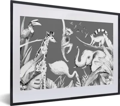 Produktbild von MuchoWow® Gerahmtes Poster Aquarellieren - Tiere - Dschungel - Affe - Jungen - Blau - Kinder - Kinder 40x30 cm - Poster mit Schwarzem Bilderrahmen Wandposter Rahmen Foto Bilder - Bilderrahmen - Poster im Rahmen