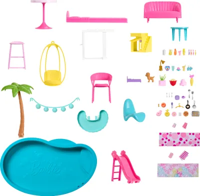 A collection of Barbie dollhouse accessories, including furniture, a pool, a slide, and decorative items, arranged on a white background.