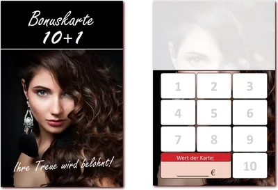 Produktbild von 100 Stück Friseur Bonuskarten (BOK-410) mit 10 Stempelfeldern. Treuekarten passend für Bereiche wie Frisör, Kosmetik, Haarpflege