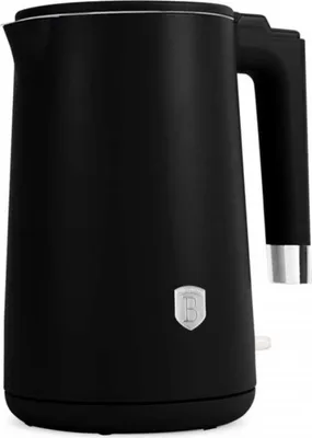 A black electric kettle with a silver logo on a white background.