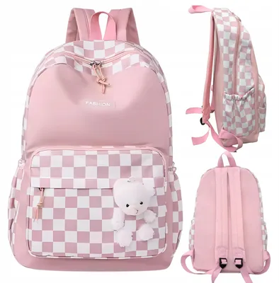 Produktbild von Schulrucksack für Mädchen - Ab 1 Klasse - Karo-Muster Schulranzen mit Bär - Rosa