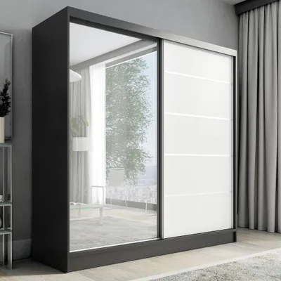 Produktbild von Schwebetürenschrank, 2-türig Schrank mit Spiegel KARO 1 200 cm (Schwarz , Weiß)