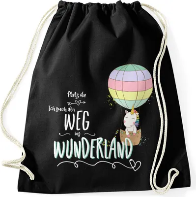 Produktbild von Einhorn Turnbeutel Unicorn Platz da ich such den Weg ins Wunderland Gymbag Moonworks® schwarz unisize