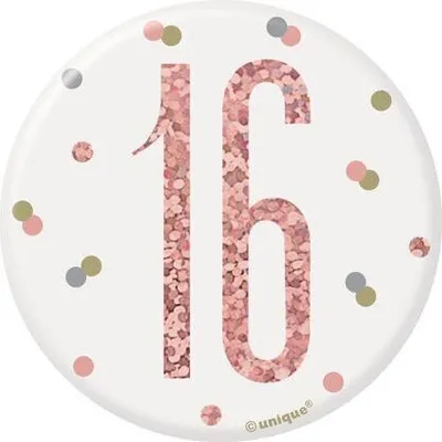 Produktbild von Anstecker mit Zahl 16 in Roségold, ca. 7 cm, auch als Aufsteller verwendbar, für Geburtstag oder Jubiläum