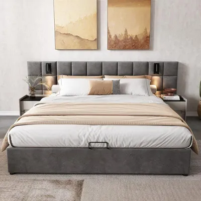 Immagine prodotto di Letto matrimoniale con contenitore 180x200 cm - Grigio velluto - Con sistema di sollevamento idraulico - Con lampada