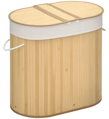 Obrázek produktu pro Koš na prádlo, objem 100 litrů, dvě přihrádky, přírodní dřevo, rozměry 62,5 x 37 x 60,5 cm