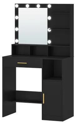 Imagen del producto de Tocador - Mesa de maquillaje - Espejo - 10 luces LED - 3 estantes - 4 compartimentos abiertos - 1 cajón grande - Color negro