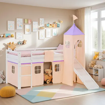Produktbild von Homestyle4u Kinder Hochbett 90x200 Rutsche Matratze lila peach Kinderbett