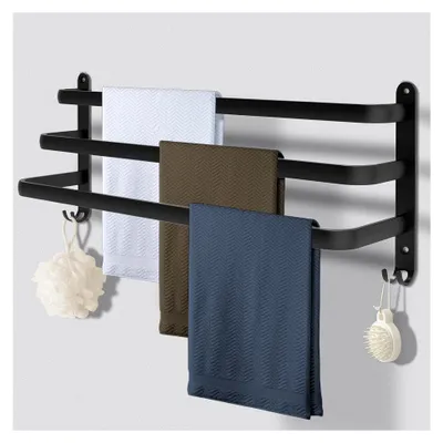 Produktbild von Handtuchhalter Schwarz 80 cm, ohne Bohren, Aluminium Handtuchregal Wandmontage, dreistufige Handtuchstange mit Haken, Zubehör für Bad und Küche