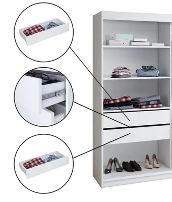 Produktbild von Schwebetürenschrank, 3-türig Schrank mit 4 Schubladen! Moderne Garderobe für Kleidung. Verschiedene Farben (Weiß, Schwarz, Somona) Kleiderschrank MERO 200 cm